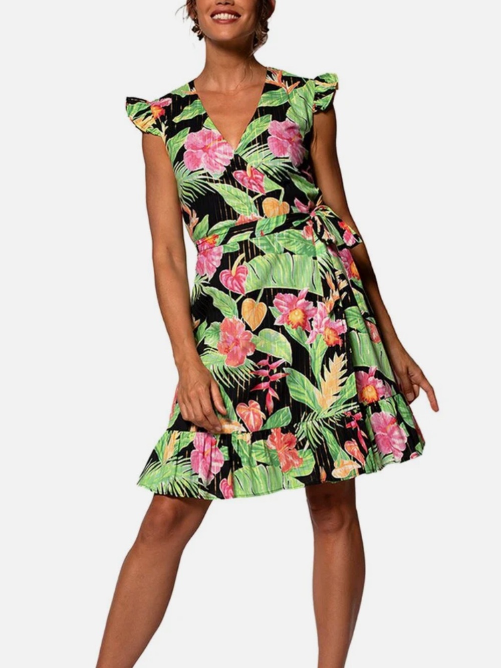 🌺Tropical Print Tori Richard Henrietta Wrap Dress in Black size XS🌺